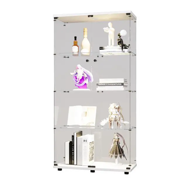 Alt view image 3 of 7 - Two-door LED lights Glass Display Cabinet 4 Shelves with Door, Floor Standing Curio Bookshelf for Living Room Bedroom Office, 64.7"*31.7"*14.3", White