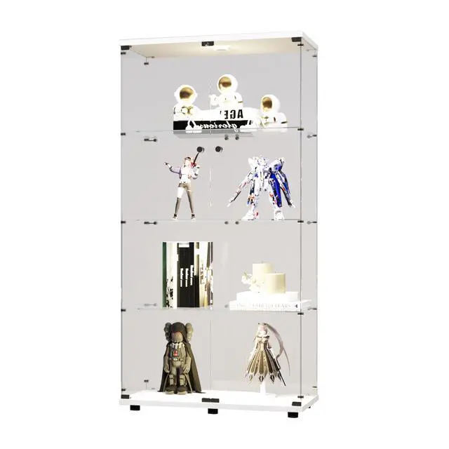 Alt view image 5 of 7 - Two-door LED lights Glass Display Cabinet 4 Shelves with Door, Floor Standing Curio Bookshelf for Living Room Bedroom Office, 64.7"*31.7"*14.3", White