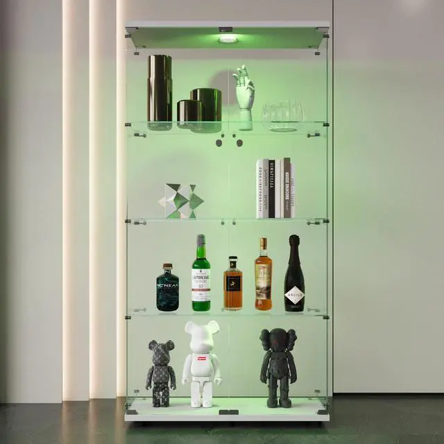 Alt view image 6 of 7 - Two-door LED lights Glass Display Cabinet 4 Shelves with Door, Floor Standing Curio Bookshelf for Living Room Bedroom Office, 64.7"*31.7"*14.3", White