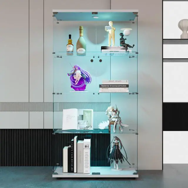 Alt view image 7 of 7 - Two-door LED lights Glass Display Cabinet 4 Shelves with Door, Floor Standing Curio Bookshelf for Living Room Bedroom Office, 64.7"*31.7"*14.3", White