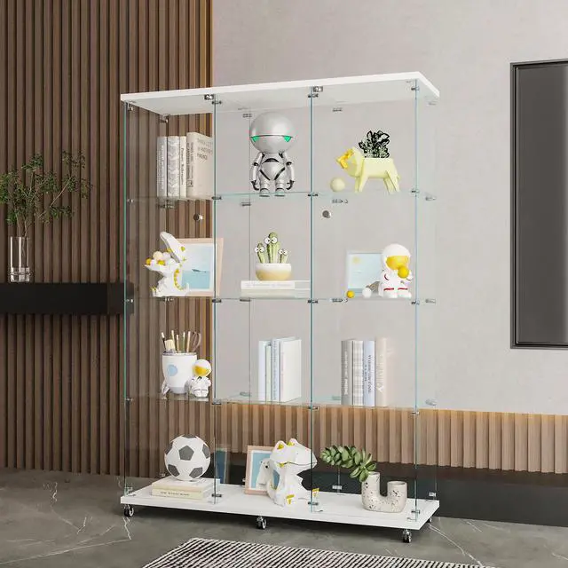 Main image of Glass Display Cabinet with 4 Shelves Extra Large, Curio Cabinets for Living Room, Bedroom, Office, Black Floor Standing Glass Bookshelf, Quick Installation