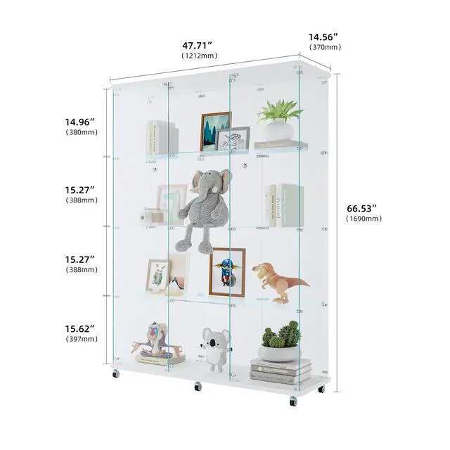 Alt view image 4 of 7 - Glass Display Cabinet with 4 Shelves Extra Large, Curio Cabinets for Living Room, Bedroom, Office, Black Floor Standing Glass Bookshelf, Quick Installation