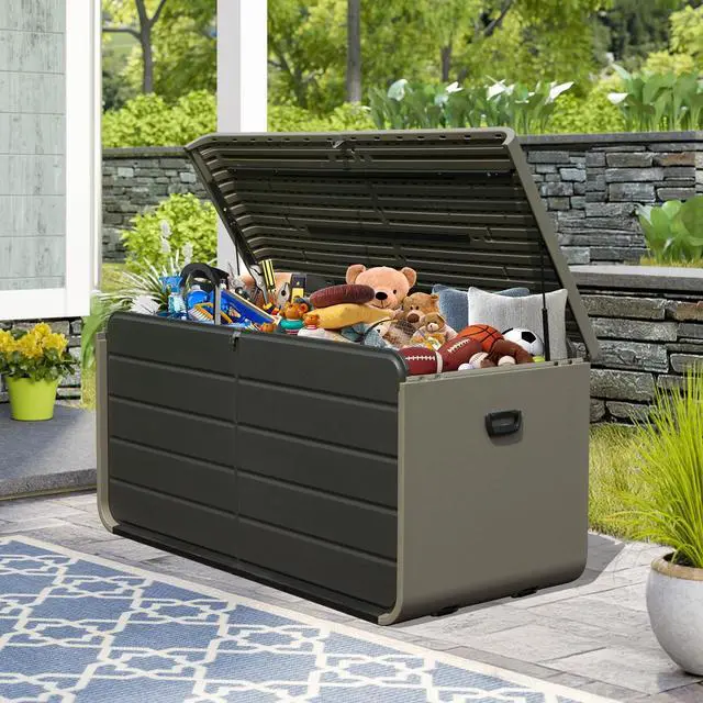 Alt view image 4 of 7 - 200 Gallon Plastic Deck Box, Large Patio Storage Box with Lock, Wheels & Waterproof Lid for Outdoor Cushions, Garden and Pool Supplies (Gray)