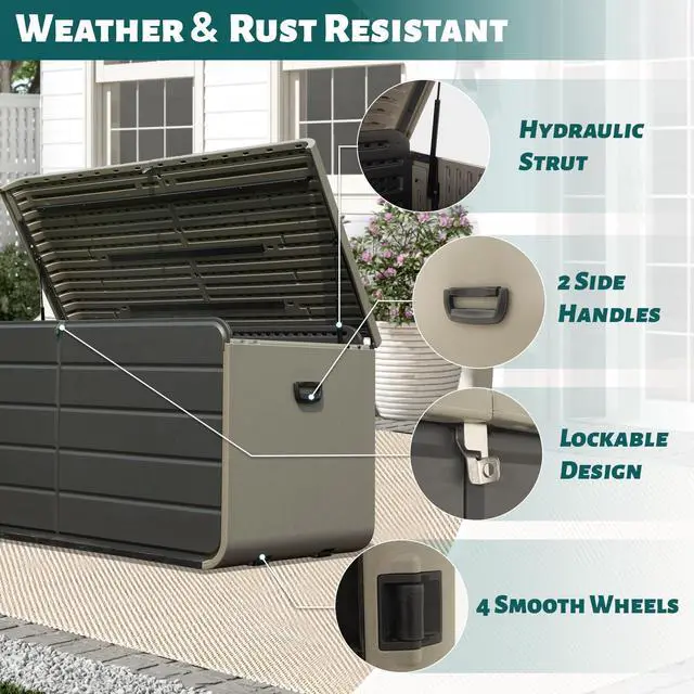Alt view image 7 of 7 - 200 Gallon Plastic Deck Box, Large Patio Storage Box with Lock, Wheels & Waterproof Lid for Outdoor Cushions, Garden and Pool Supplies (Gray)