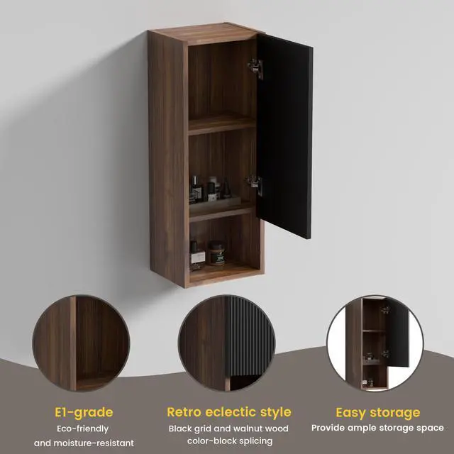 Alt view image 5 of 7 - CC1014S110.309 Black & Walnut Bathroom Floating Side Cabinet, Wall-mounted Bathroom Storage Cabinet for Small Space, KD
