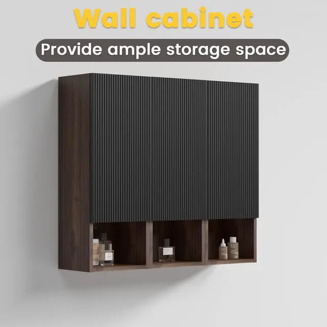 Alt view image 4 of 7 - CC1014S110.309 Black & Walnut Bathroom Floating Side Cabinet, Wall-mounted Bathroom Storage Cabinet for Small Space, KD