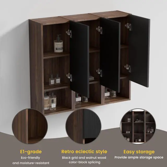 Alt view image 5 of 7 - CC1014S110.309 Black & Walnut Bathroom Floating Side Cabinet, Wall-mounted Bathroom Storage Cabinet for Small Space, KD