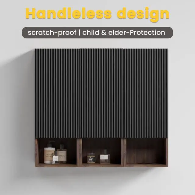 Alt view image 3 of 7 - CC1014S110.309 Black & Walnut Bathroom Floating Side Cabinet, Wall-mounted Bathroom Storage Cabinet for Small Space, KD