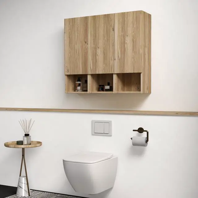 Alt view image 3 of 7 - CC1014S112310 Rough Oak & Rough Oak Bathroom Floating 3-piece Side Cabinet Set, Wall-mounted Bathroom Storage Cabinet for Small Space, KD