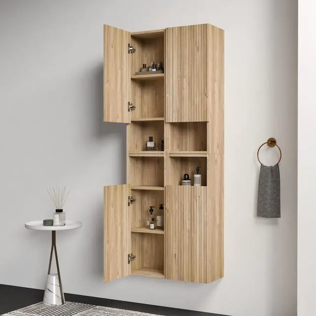 Alt view image 2 of 7 - CC1014S112310 Rough Oak & Rough Oak Bathroom Floating 4-piece Side Cabinet Set, Wall-mounted Bathroom Storage Cabinet for Small Space, KD