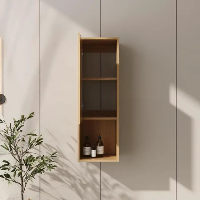 Alt view image 2 of 7 - 12 Inch Small Wall-Mounted Side Cabinet, Soft Closing Door, Suitable For Small Bathroom, Original Oak (KD-Packing)