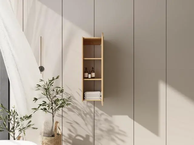 Alt view image 5 of 7 - 12 Inch Small Wall Mounted Side Cabinet, Soft Closing Door, Suitable For Small Bathroom,Study, Storage Room, Original Oak (KD-Packing)