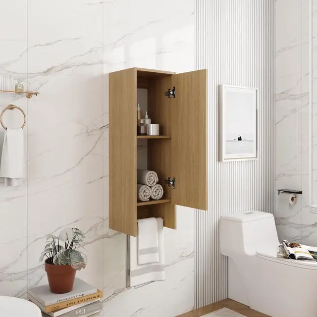 Alt view image 7 of 7 - 12 Inch Small Wall Mounted Side Cabinet, Soft Closing Door, Suitable For Small Bathroom, Study, Storage Room, Original Oak (KD-Packing)