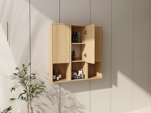 Alt view image 4 of 7 - 36 Inch Wall-Mounted Side Cabinet, Soft Closing Door, Suitable For Small Bathroom, Study, Storage Room, Original Oak (KD-Packing)-12*3