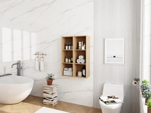 Alt view image 7 of 7 - 24 Inch Wall Mounted Storage Shelves Combination, Suitable For Small Bathroom, Study, Storage Room, Original Oak (KD-Packing)-12*2