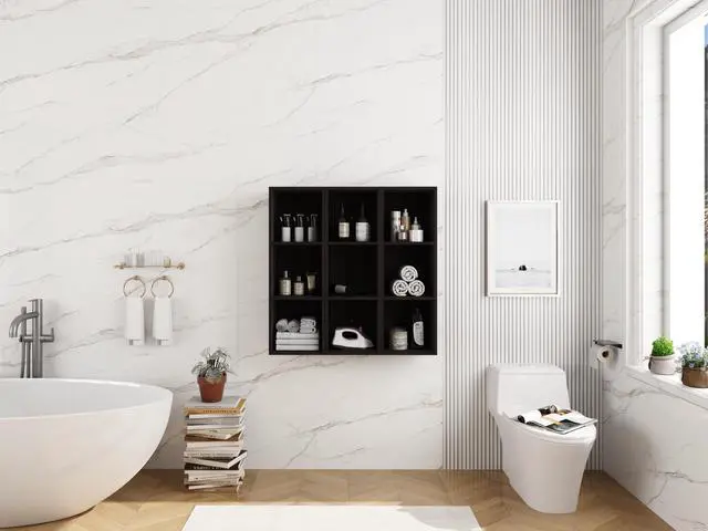 Alt view image 7 of 7 - 36 Inch Wall-Mounted Storage Shelves Combination, Suitable For Small Bathroom, Study, Storage Room, Dark Oak (KD-Packing)-12*3