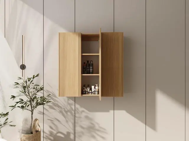 Alt view image 4 of 7 - 36 Inch Wall Mounted Side Cabinet Combination, Soft Closing Door, Suitable For Small Bathroom,Study, Storage Room, Original Oak (KD-Packing)-12*3