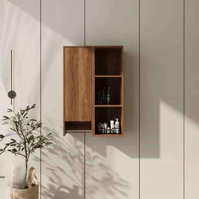 Main image of 24 Inch Wall-Mounted Side Cabinet and Storage Shelves Combination, Soft Closing Door, Suitable For Small Bathroom, Study, Storage Room, Brown Ebony (KD-Packing)