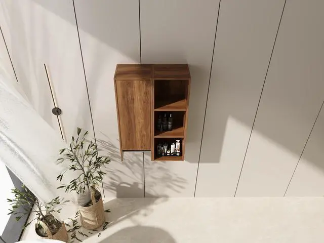 Alt view image 2 of 7 - 24 Inch Wall-Mounted Side Cabinet and Storage Shelves Combination, Soft Closing Door, Suitable For Small Bathroom, Study, Storage Room, Brown Ebony (KD-Packing)