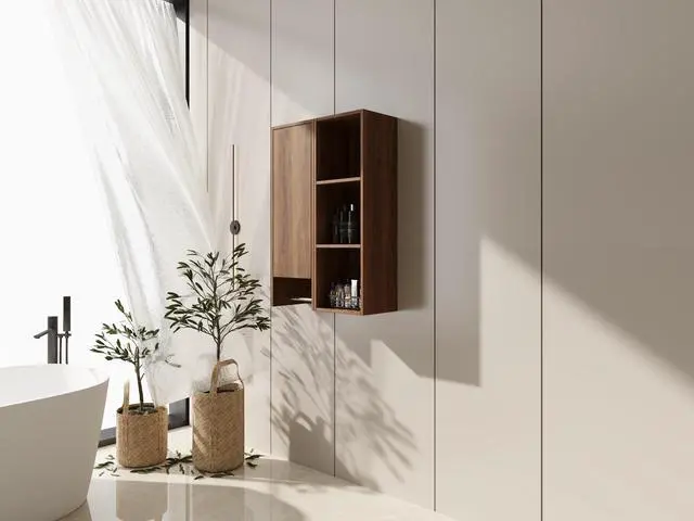 Alt view image 3 of 7 - 24 Inch Wall-Mounted Side Cabinet and Storage Shelves Combination, Soft Closing Door, Suitable For Small Bathroom, Study, Storage Room, Brown Ebony (KD-Packing)