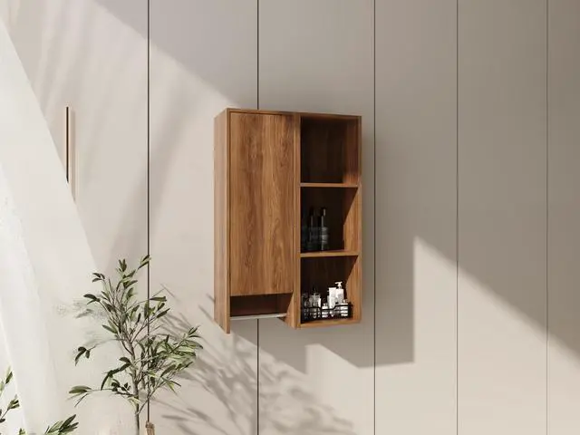 Alt view image 4 of 7 - 24 Inch Wall-Mounted Side Cabinet and Storage Shelves Combination, Soft Closing Door, Suitable For Small Bathroom, Study, Storage Room, Brown Ebony (KD-Packing)