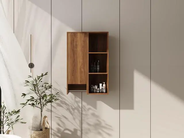 Alt view image 6 of 7 - 24 Inch Wall-Mounted Side Cabinet and Storage Shelves Combination, Soft Closing Door, Suitable For Small Bathroom, Study, Storage Room, Brown Ebony (KD-Packing)