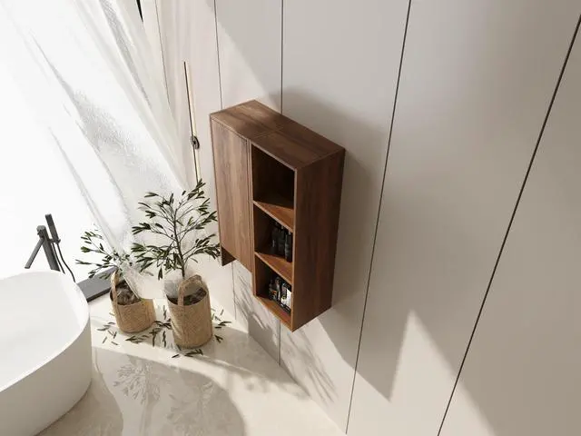Alt view image 5 of 7 - 24 Inch Wall-Mounted Side Cabinet and Storage Shelves Combination, Soft Closing Door, Suitable For Small Bathroom, Study, Storage Room, Brown Ebony (KD-Packing)
