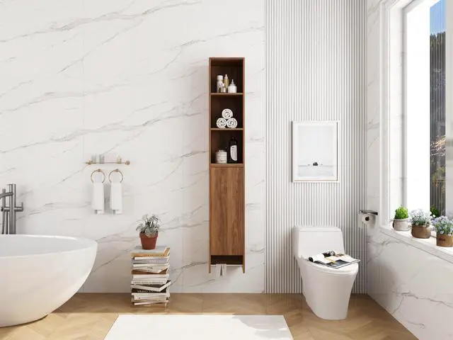 Alt view image 7 of 7 - 24 Inch Wall-Mounted Side Cabinet and Storage Shelves Combination, Soft Closing Door, Suitable For Small Bathroom, Study, Storage Room, Brown Ebony (KD-Packing)