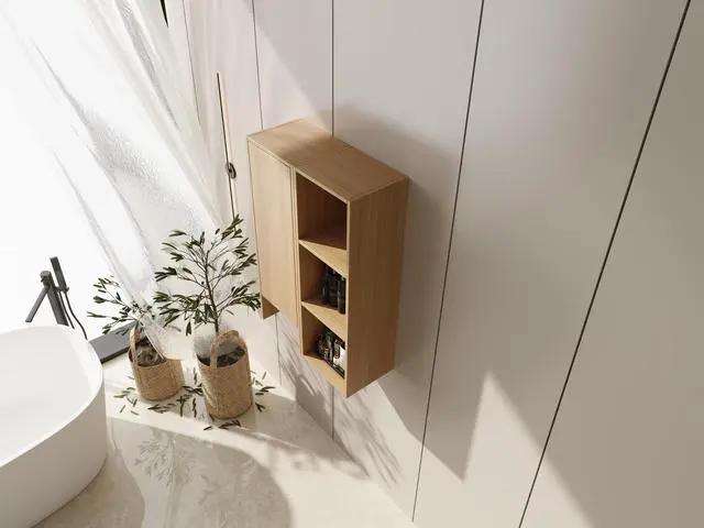 Alt view image 5 of 7 - 24 Inch Wall-Mounted Side Cabinet and Storage Shelves Combination, Soft Closing Door, Suitable For Small Bathroom, Study, Storage Room, Original Oak (KD-Packing)