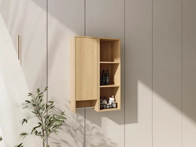 Alt view image 4 of 7 - 24 Inch Wall-Mounted Side Cabinet and Storage Shelves Combination, Soft Closing Door, Suitable For Small Bathroom, Study, Storage Room, Original Oak (KD-Packing)