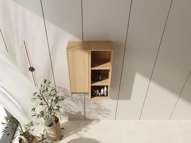 Alt view image 2 of 7 - 24 Inch Wall-Mounted Side Cabinet and Storage Shelves Combination, Soft Closing Door, Suitable For Small Bathroom, Study, Storage Room, Original Oak (KD-Packing)