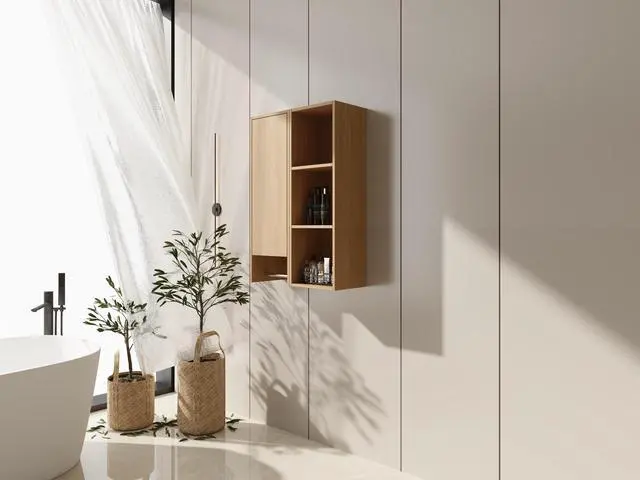Alt view image 3 of 7 - 24 Inch Wall-Mounted Side Cabinet and Storage Shelves Combination, Soft Closing Door, Suitable For Small Bathroom, Study, Storage Room, Original Oak (KD-Packing)