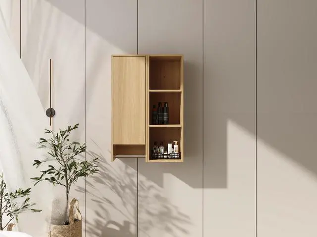 Alt view image 6 of 7 - 24 Inch Wall-Mounted Side Cabinet and Storage Shelves Combination, Soft Closing Door, Suitable For Small Bathroom, Study, Storage Room, Original Oak (KD-Packing)