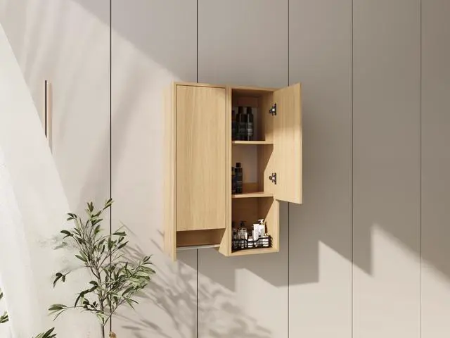 Alt view image 5 of 7 - 24 Inch Wall-Mounted Side Cabinet Combination, Soft Closing Door, Suitable For Small Bathroom, Study, Storage Room, Original Oak (KD-Packing)