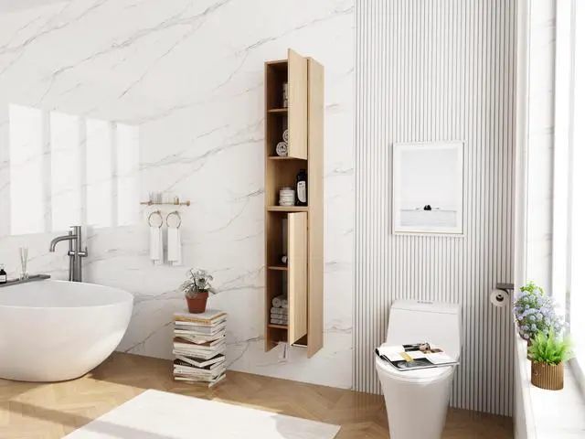 Alt view image 7 of 7 - 24 Inch Wall-Mounted Side Cabinet Combination, Soft Closing Door, Suitable For Small Bathroom, Study, Storage Room, Original Oak (KD-Packing)