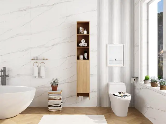 Alt view image 7 of 7 - 24 Inch Wall-Mounted Side Cabinet and Storage Shelves Combination, Soft Closing Door, Suitable For Small Bathroom, Study, Storage Room, Original Oak (KD-Packing)