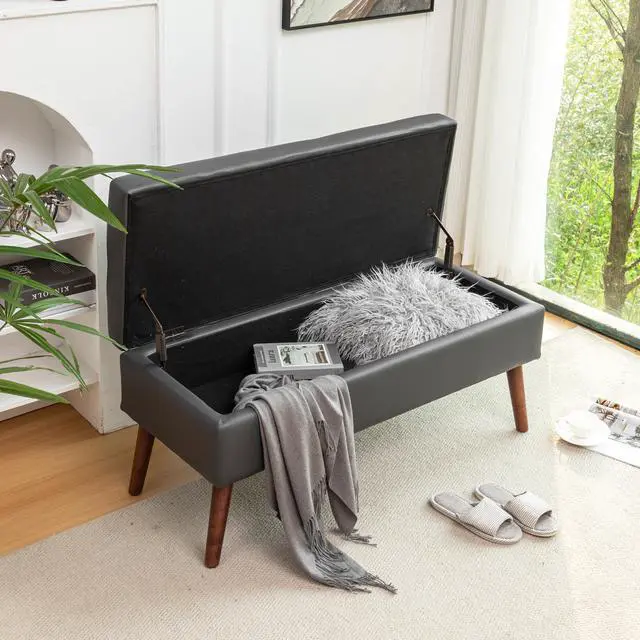 Alt view image 2 of 7 - Storage Bench with Storage Bench for Bedroom End of Bed Bench Foot of Bed Bench Entryway Bench Storage Ottoman Bench 43.3" W x 17.7" Dark Grey Leather Bench