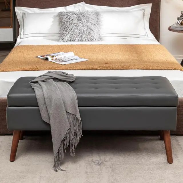 Alt view image 3 of 7 - Storage Bench with Storage Bench for Bedroom End of Bed Bench Foot of Bed Bench Entryway Bench Storage Ottoman Bench 43.3" W x 17.7" Dark Grey Leather Bench
