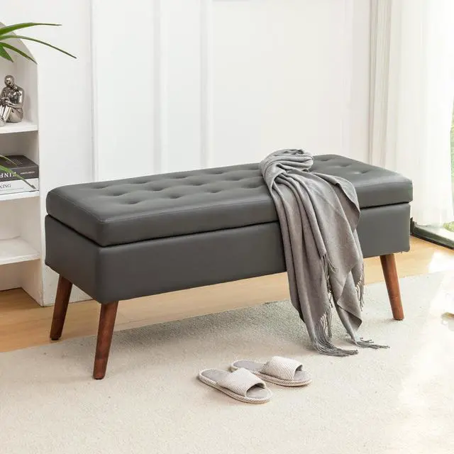 Main image of Storage Bench with Storage Bench for Bedroom End of Bed Bench Foot of Bed Bench Entryway Bench Storage Ottoman Bench 43.3" W x 17.7" Dark Grey Leather Bench