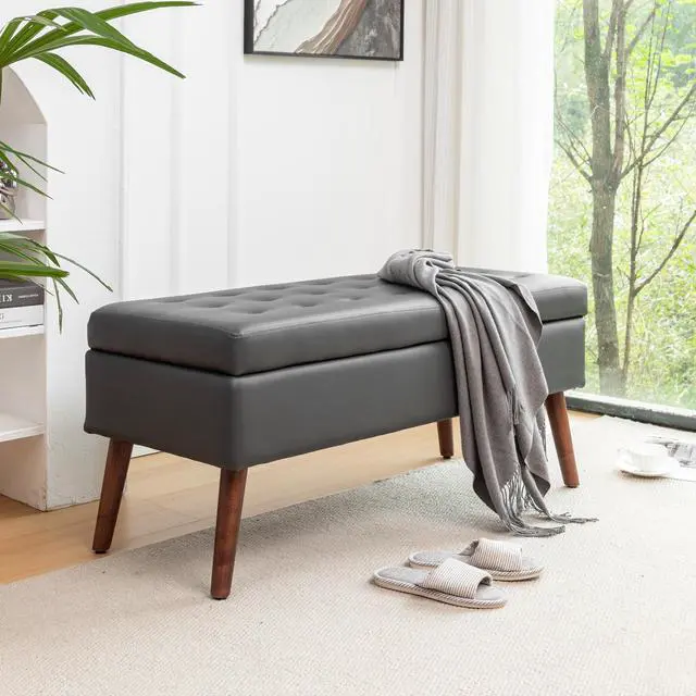 Alt view image 5 of 7 - Storage Bench with Storage Bench for Bedroom End of Bed Bench Foot of Bed Bench Entryway Bench Storage Ottoman Bench 43.3" W x 17.7" Dark Grey Leather Bench