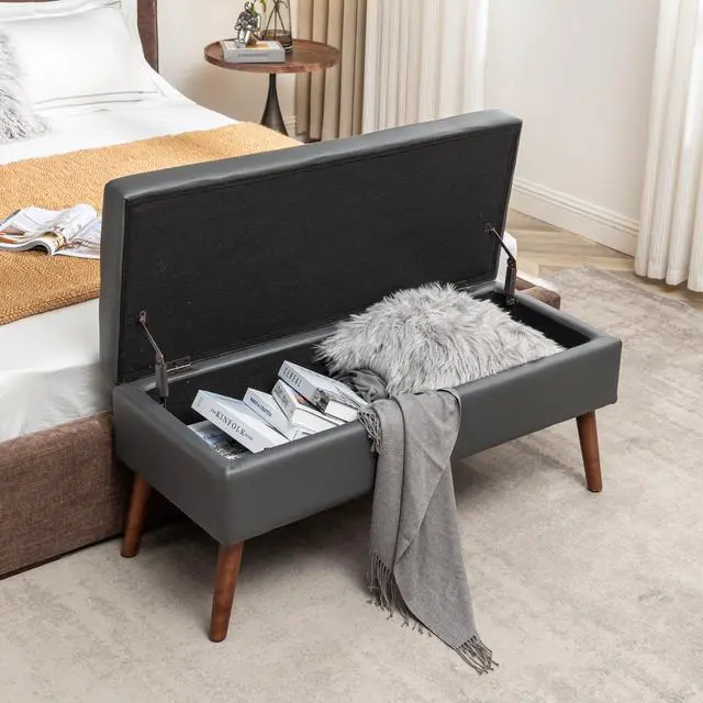Alt view image 4 of 7 - Storage Bench with Storage Bench for Bedroom End of Bed Bench Foot of Bed Bench Entryway Bench Storage Ottoman Bench 43.3" W x 17.7" Dark Grey Leather Bench