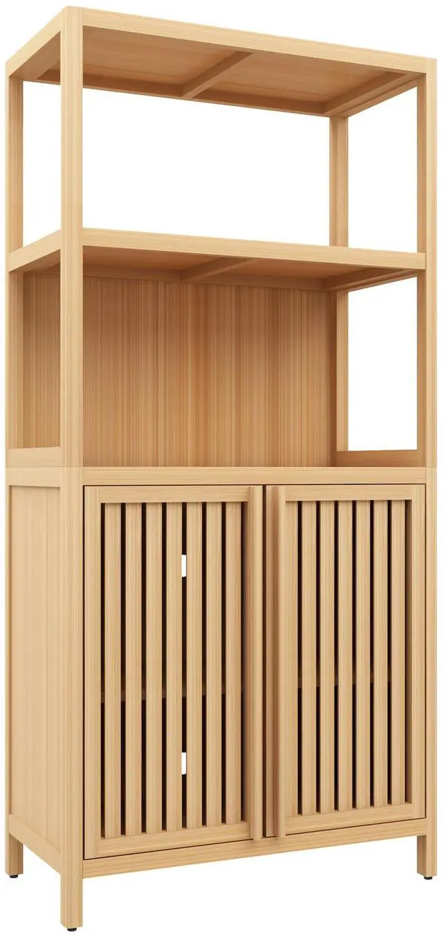 Main image of Bamboo Storage Cabinet, Freestanding Bathroom Cabinet with 2 Doors, Floor Cabinet Organizer for Living Room, Kitchen, Entryway