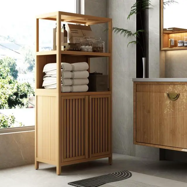 Alt view image 4 of 7 - Bamboo Storage Cabinet, Freestanding Bathroom Cabinet with 2 Doors, Floor Cabinet Organizer for Living Room, Kitchen, Entryway