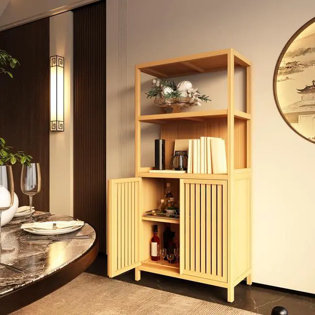 Alt view image 2 of 7 - Bamboo Storage Cabinet, Freestanding Bathroom Cabinet with 2 Doors, Floor Cabinet Organizer for Living Room, Kitchen, Entryway