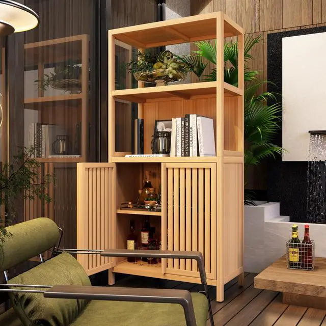 Alt view image 5 of 7 - Bamboo Storage Cabinet, Freestanding Bathroom Cabinet with 2 Doors, Floor Cabinet Organizer for Living Room, Kitchen, Entryway