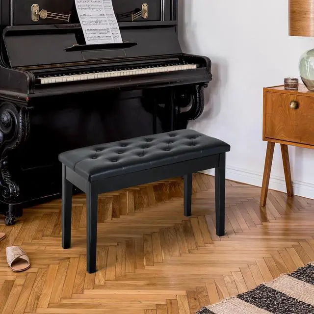 Alt view image 4 of 7 - Piano Bench, Duet Piano Chair with Faux Leather Padded Cushion and Wooden Frame, Button Tufted Keyboard Bench, Black