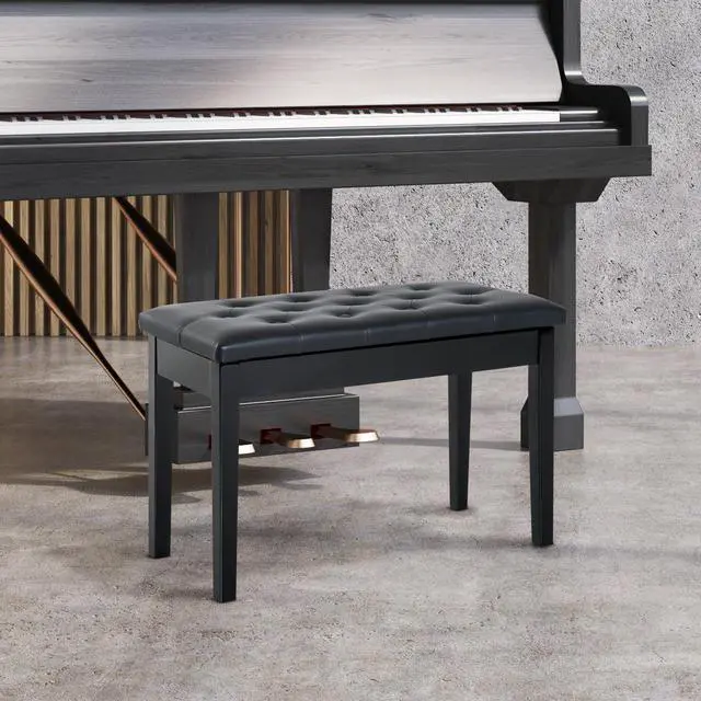 Alt view image 2 of 7 - Piano Bench, Duet Piano Chair with Faux Leather Padded Cushion and Wooden Frame, Button Tufted Keyboard Bench, Black
