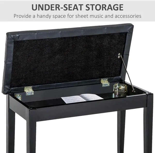 Alt view image 6 of 7 - Piano Bench, Duet Piano Chair with Faux Leather Padded Cushion and Wooden Frame, Button Tufted Keyboard Bench, Black