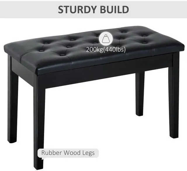 Alt view image 7 of 7 - Piano Bench, Duet Piano Chair with Faux Leather Padded Cushion and Wooden Frame, Button Tufted Keyboard Bench, Black