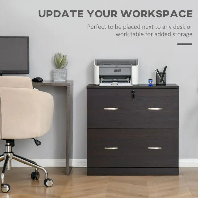 Alt view image 4 of 7 - Vinsetto 2-Drawer File Cabinet with Lock and Keys, Vertical Storage Filing Cabinet with Hanging Bar for Letter Size, Home Office, Walnut